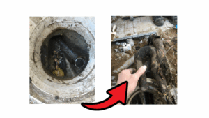 排水桝に詰まった木の根を除去する作業前と作業後